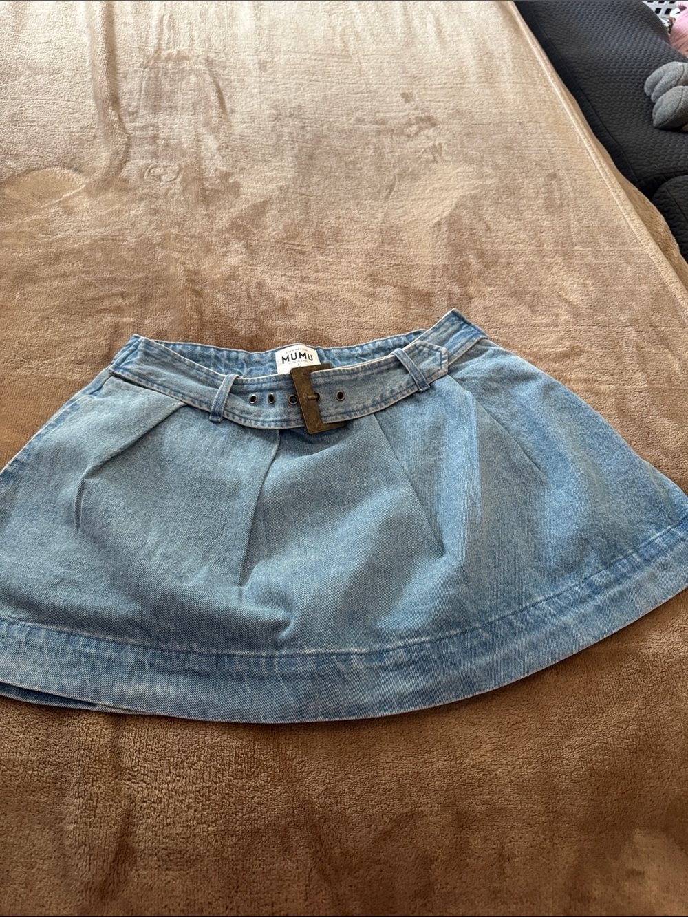 Show Me Your MuMu Light Blue Denim Skater Skirt with Belt